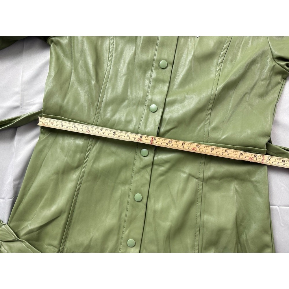 Ellison‎ Faux Leather Dress Sage Green Belted Puff Sleeve Quiet Luxury - Picture 12 of 16